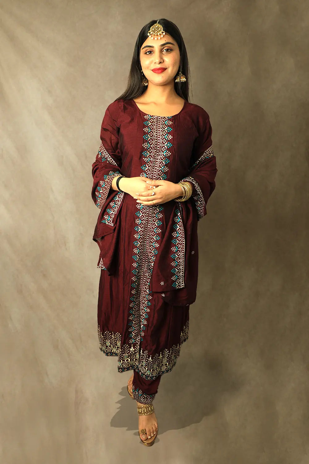 Maroon Embellished Silk Anarkali Kurta With Dupatta