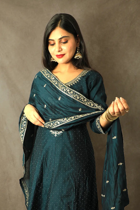 Dark Green Embroidered Georgette Anarkali Set
