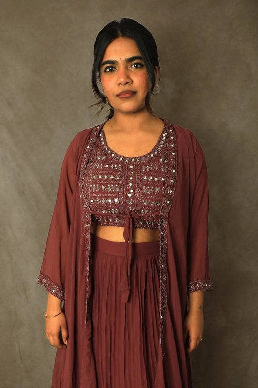 Mirror Work Rusty Rose Lehenga Set With Blouse And Jacket