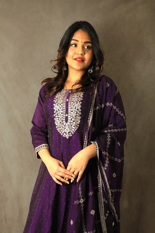 Violet Embroidered Silk Anarkali Set