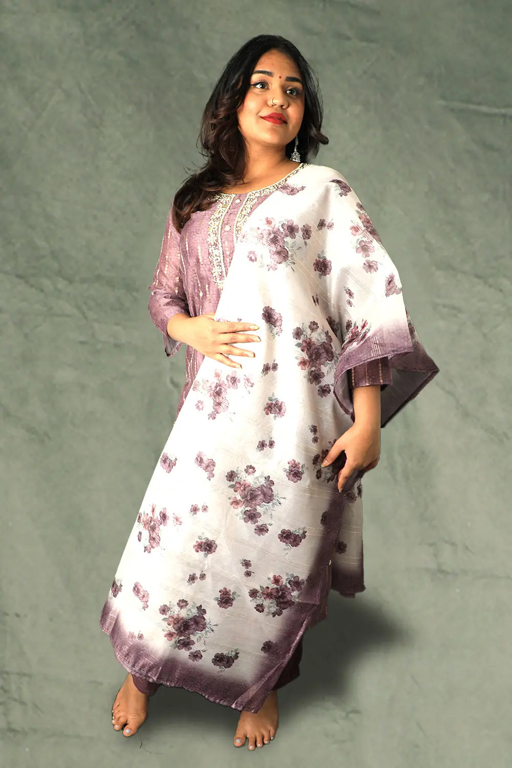 Onion Pink Thread Straight Kurta Set