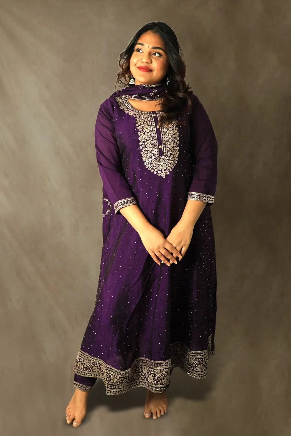 Violet Embroidered Silk Anarkali Set