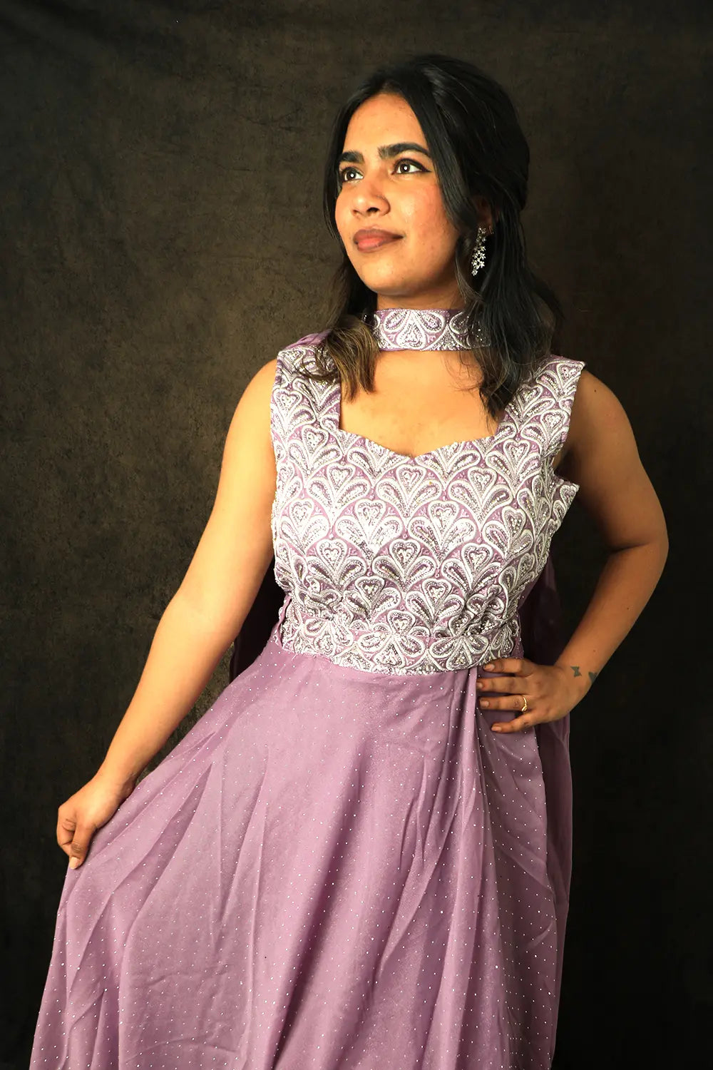 Lavender Embellished Anarkali Gown With Embellished Belt And Dupatta
