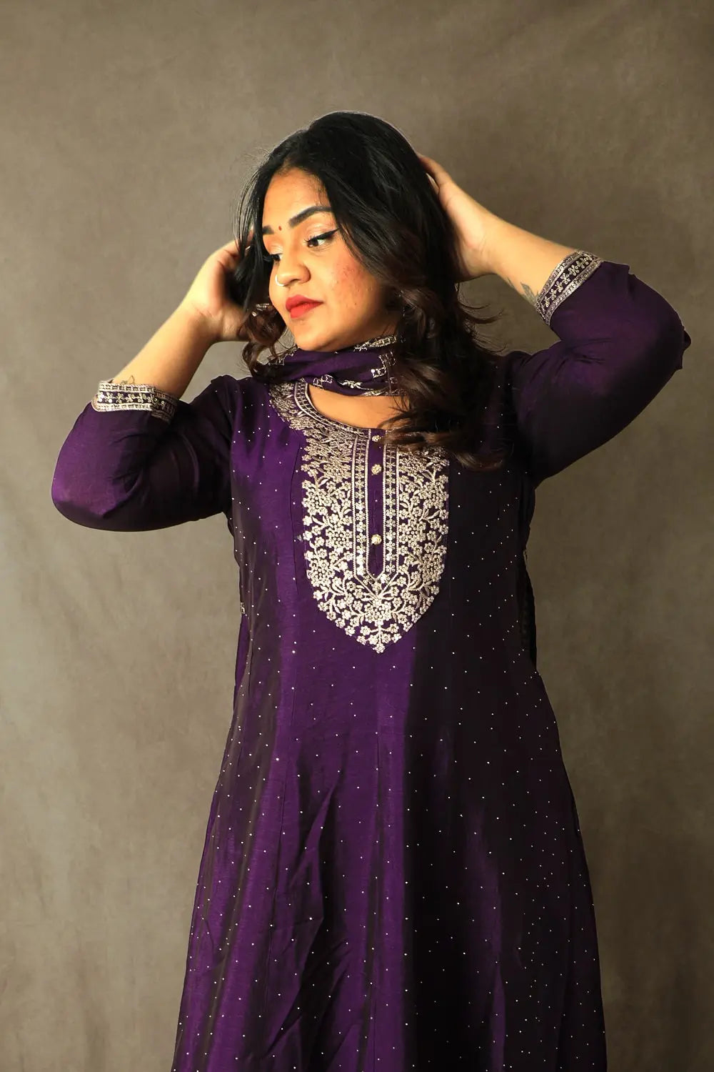 Violet Embroidered Silk Anarkali Set