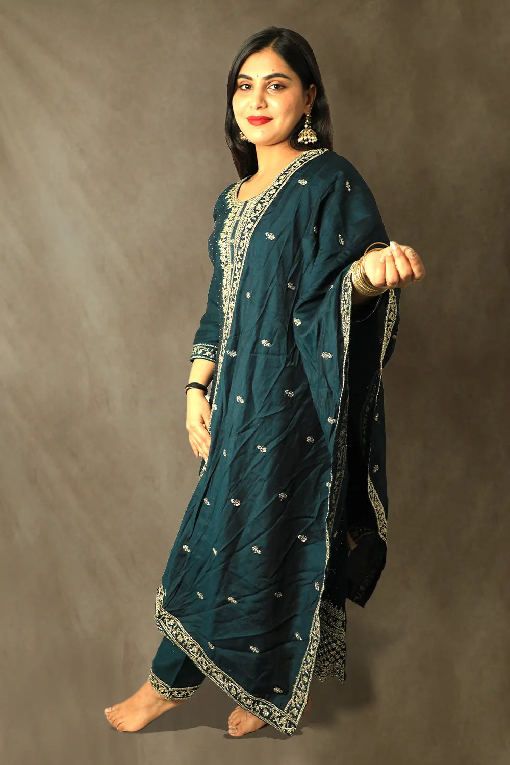 Dark Green Embroidered Georgette Anarkali Set