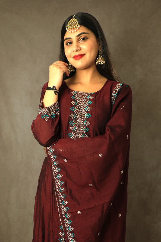 Maroon Embellished Silk Anarkali Kurta With Dupatta