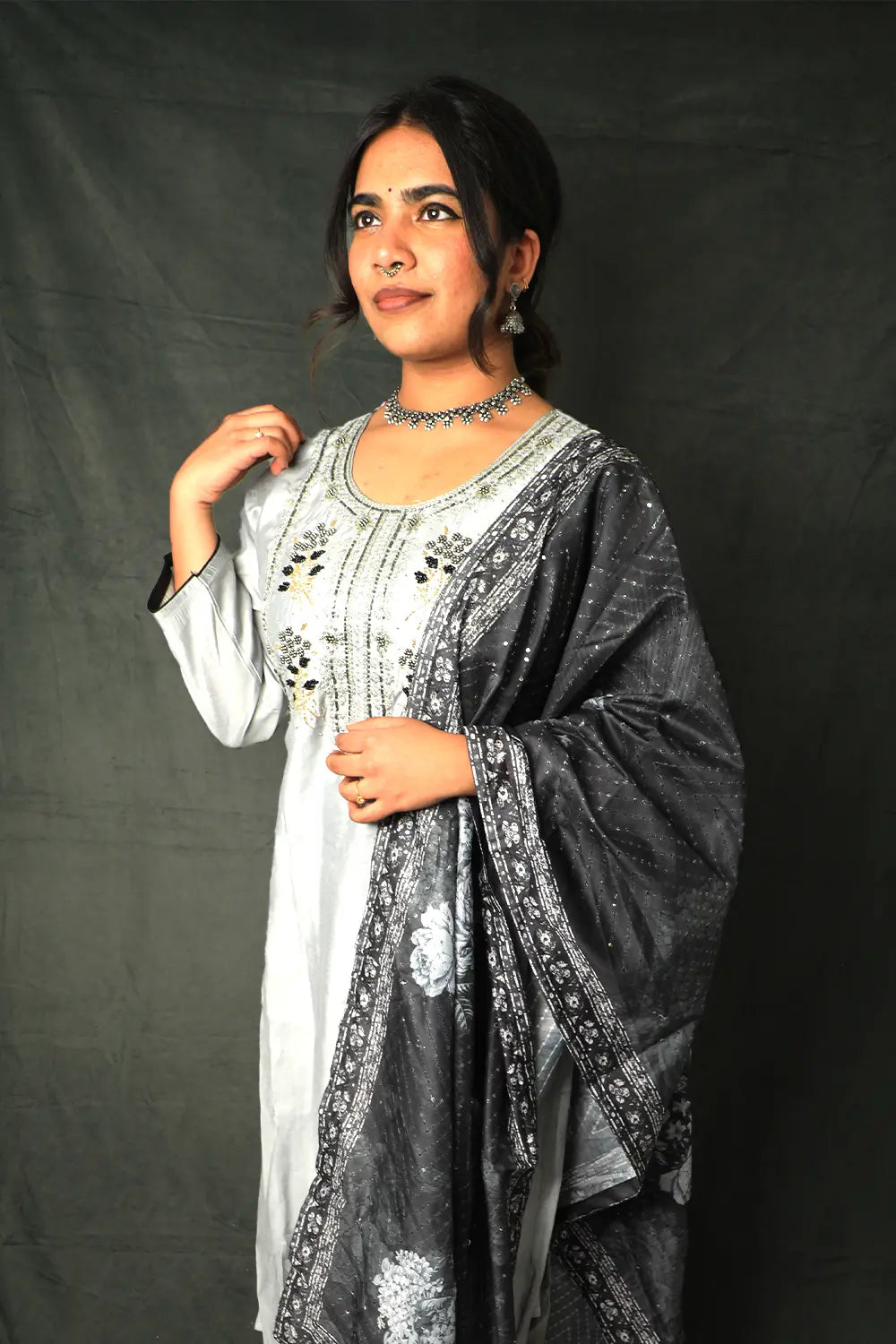 Black & Grey Oxidized Straight Kurta Set