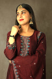 Maroon Embellished Silk Anarkali Kurta With Dupatta
