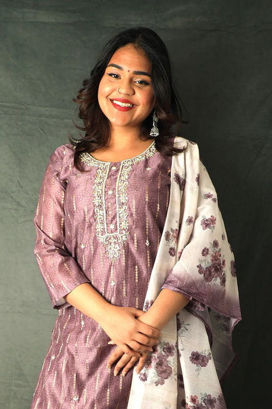 Onion Pink Thread Straight Kurta Set
