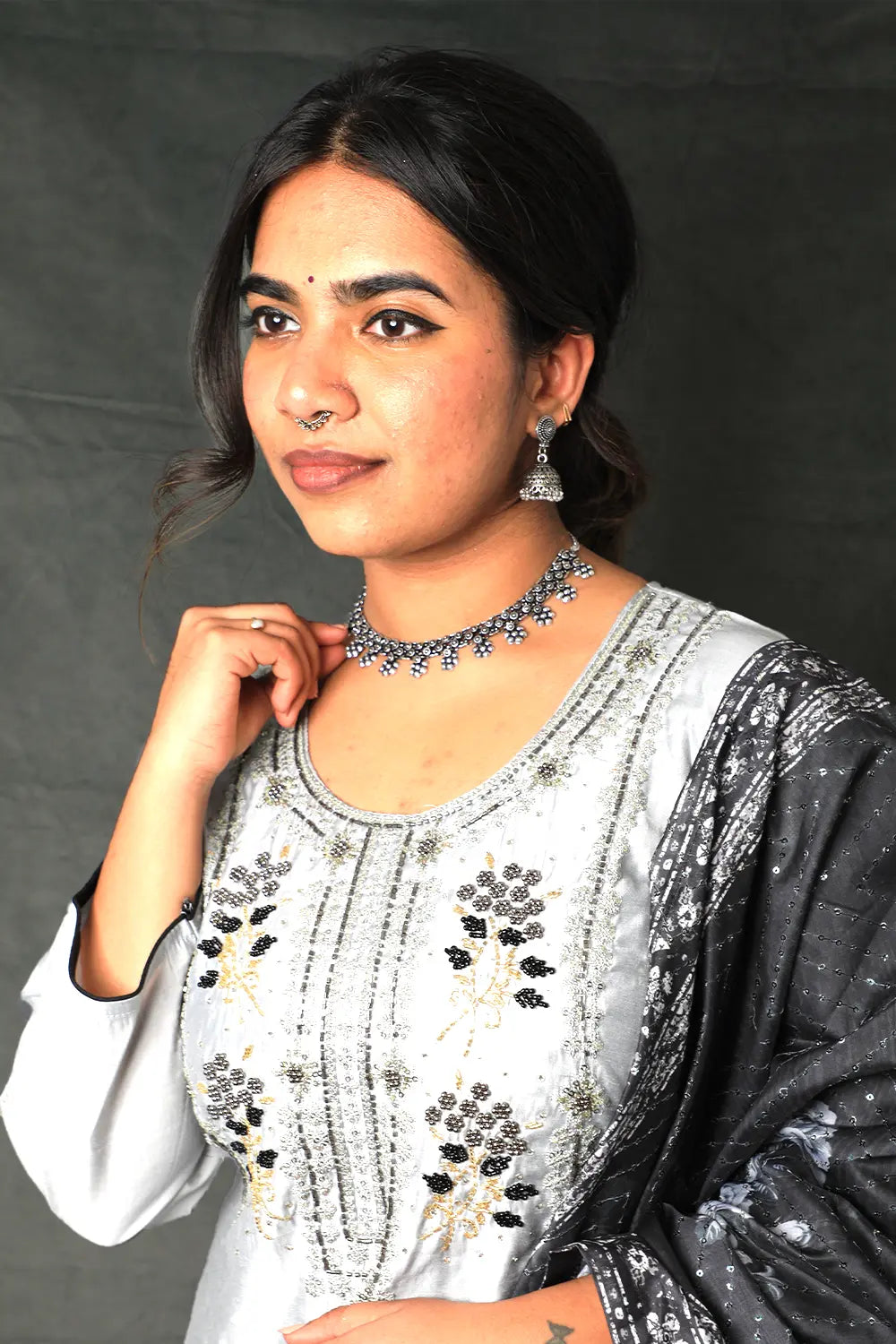 Black & Grey Oxidized Straight Kurta Set