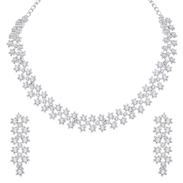 AD Diamond Necklace with Earrings - Jewellery Set Suits for Party, Wedding and Festive Occasions