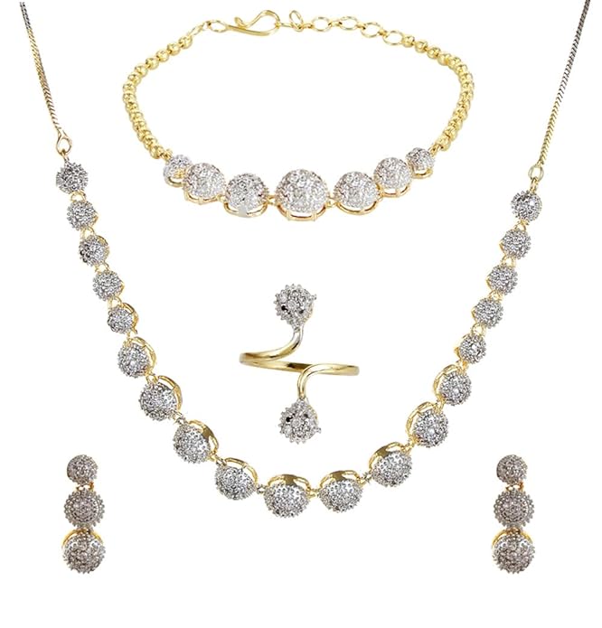 American Diamond Combo of Choker Necklace Set with Earrings, Bracelet and Ring
