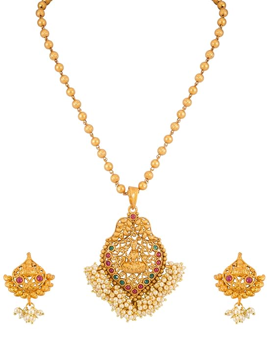 Ethnic Laxmi Gold Plated Temple Jewellery Pearl Long Haram Necklace Set