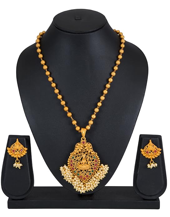 Ethnic Laxmi Gold Plated Temple Jewellery Pearl Long Haram Necklace Set