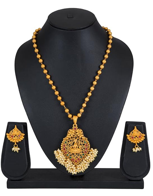 Ethnic Laxmi Gold Plated Temple Jewellery Pearl Long Haram Necklace Set