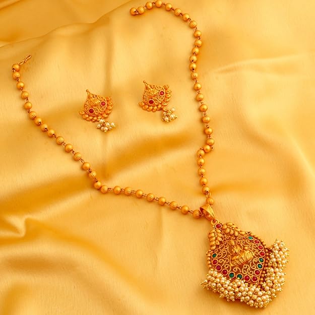 Ethnic Laxmi Gold Plated Temple Jewellery Pearl Long Haram Necklace Set