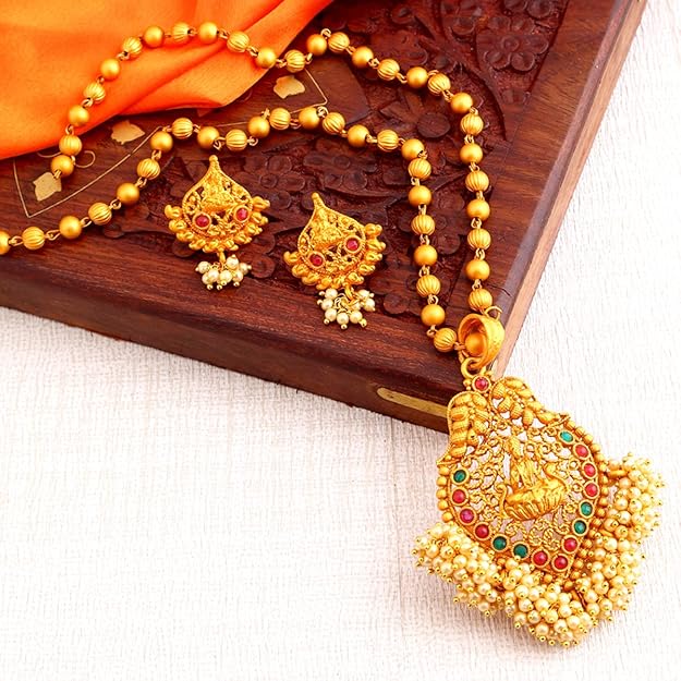 Ethnic Laxmi Gold Plated Temple Jewellery Pearl Long Haram Necklace Set