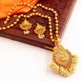 Ethnic Laxmi Gold Plated Temple Jewellery Pearl Long Haram Necklace Set