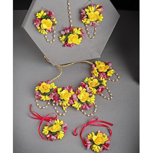 Flowers Jewellery Set For Haldi Gota Patti Necklace, Earrings, Bracelet & Maang Tika for Women & Girls (Mehandi/Haldi/Wedding/Bridal/Baby Shower)