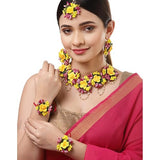 Flowers Jewellery Set For Haldi Gota Patti Necklace, Earrings, Bracelet & Maang Tika for Women & Girls (Mehandi/Haldi/Wedding/Bridal/Baby Shower)