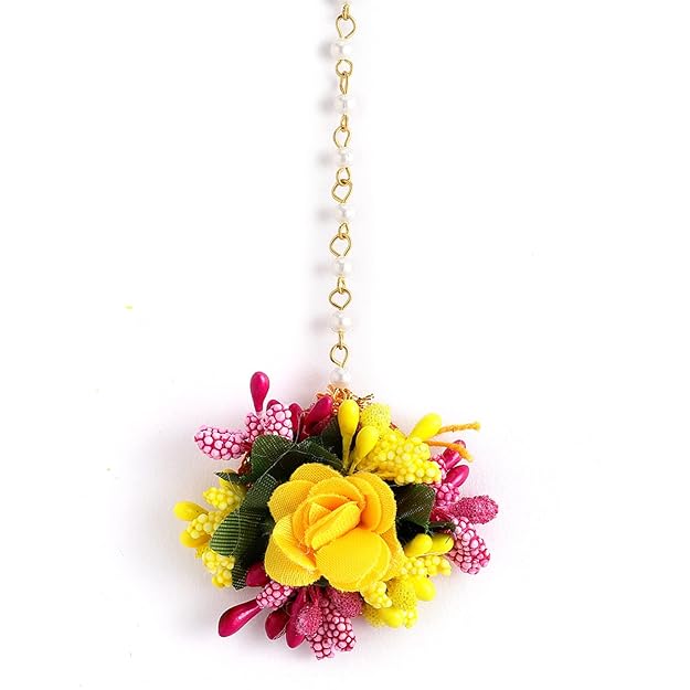 Flowers Jewellery Set For Haldi Gota Patti Necklace, Earrings, Bracelet & Maang Tika for Women & Girls (Mehandi/Haldi/Wedding/Bridal/Baby Shower)