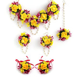 Flowers Jewellery Set For Haldi Gota Patti Necklace, Earrings, Bracelet & Maang Tika for Women & Girls (Mehandi/Haldi/Wedding/Bridal/Baby Shower)