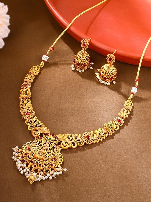 Gold-Plated Temple Necklace Set Stone-Studded Necklace Set