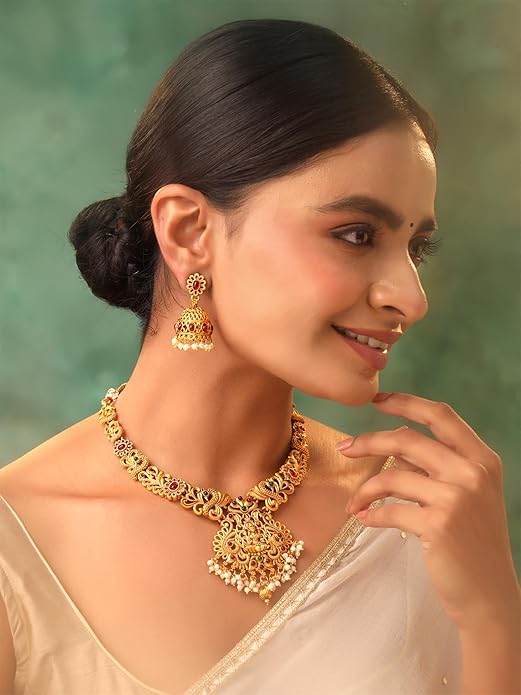 Gold-Plated Temple Necklace Set Stone-Studded Necklace Set