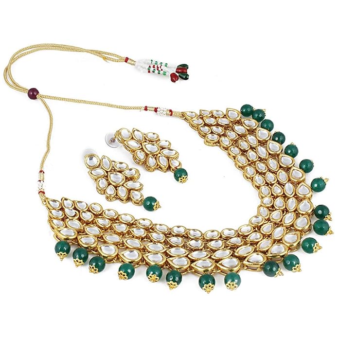 Green Kundan Stylish Necklace Set for Women Wedding Traditional Jewellery Set with Earrings