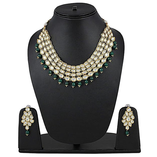 Green Kundan Stylish Necklace Set for Women Wedding Traditional Jewellery Set with Earrings