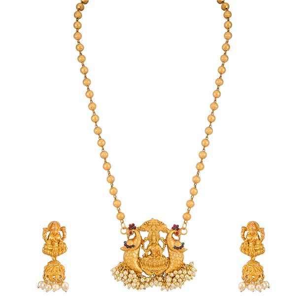 Marvellous Laxmi Gold Plated Temple Jewellery Pearl Long Haram Necklace Set