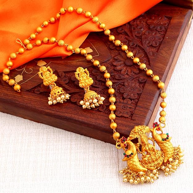 Marvellous Laxmi Gold Plated Temple Jewellery Pearl Long Haram Necklace Set