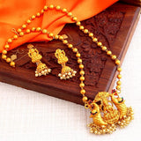 Marvellous Laxmi Gold Plated Temple Jewellery Pearl Long Haram Necklace Set