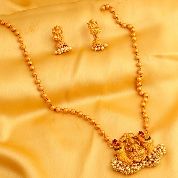 Marvellous Laxmi Gold Plated Temple Jewellery Pearl Long Haram Necklace Set