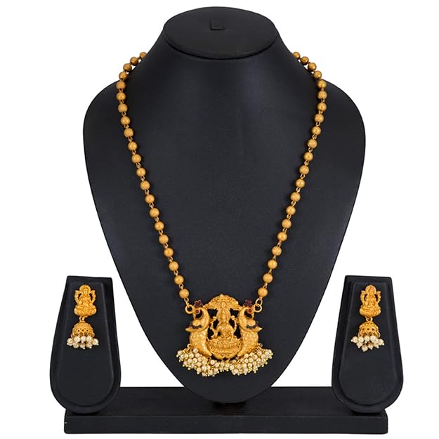 Marvellous Laxmi Gold Plated Temple Jewellery Pearl Long Haram Necklace Set