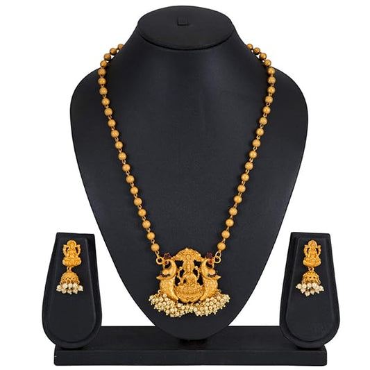 Marvellous Laxmi Gold Plated Temple Jewellery Pearl Long Haram Necklace Set