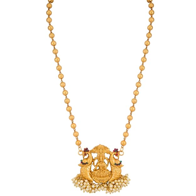 Marvellous Laxmi Gold Plated Temple Jewellery Pearl Long Haram Necklace Set