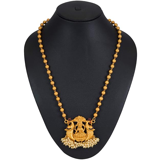 Marvellous Laxmi Gold Plated Temple Jewellery Pearl Long Haram Necklace Set