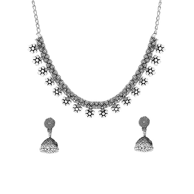 Traditional Silver Oxidised Kohlapuri Jewellery Choker Necklace Set