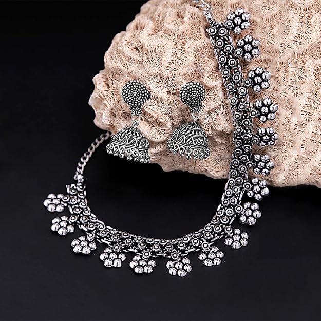 Traditional Silver Oxidised Kohlapuri Jewellery Choker Necklace Set