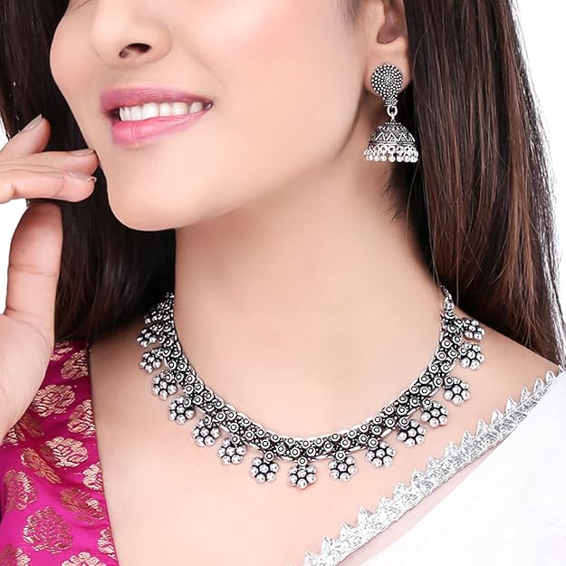 Traditional Silver Oxidised Kohlapuri Jewellery Choker Necklace Set