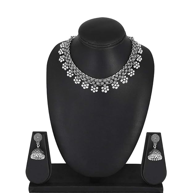 Traditional Silver Oxidised Kohlapuri Jewellery Choker Necklace Set