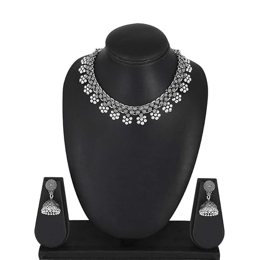 Traditional Silver Oxidised Kohlapuri Jewellery Choker Necklace Set