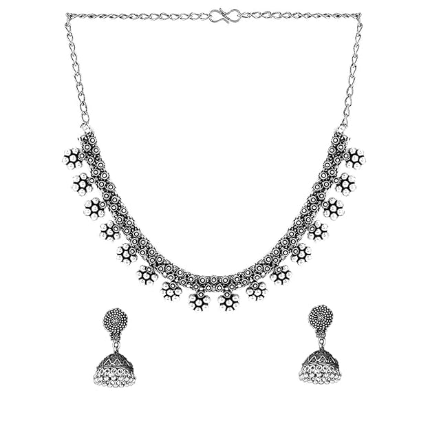 Traditional Silver Oxidised Kohlapuri Jewellery Choker Necklace Set